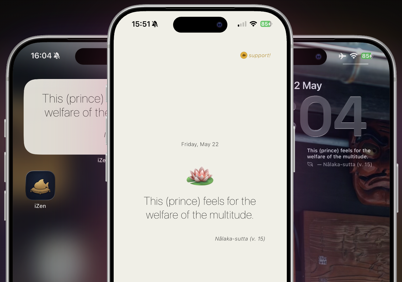 iZen app on home screen, lock screen and inside the app